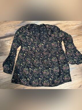 Lucky Brand Black Floral Tie-Neck Tunic